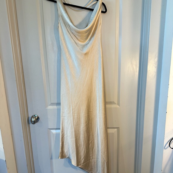 NEW Meshki Gold Satin Asymmetrical Draped Low Back Maxi Slip Dress, Size S & L - Picture 3 of 13